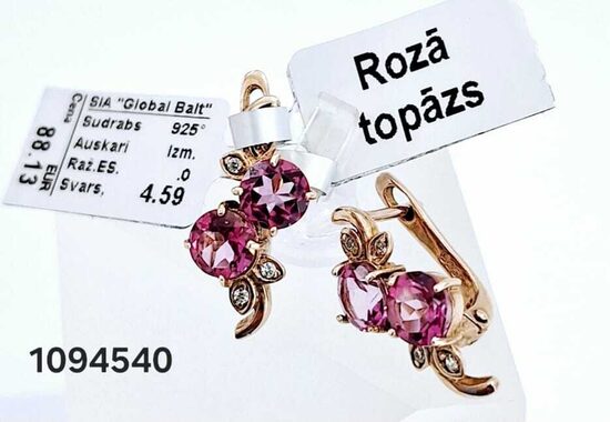 Sudraba auskari apzeltīti ar rozā topāzu -60%